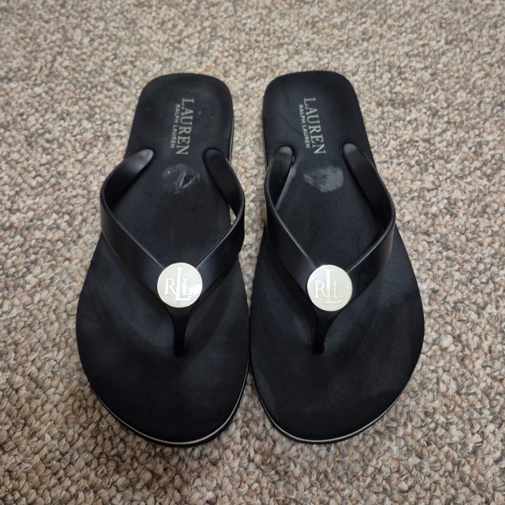 Lauren Ralph Lauren Black And White Strip Flip Flops Size 5/6 EUC